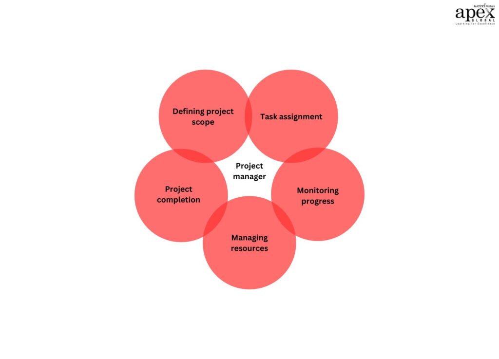 Project Manager: 1. Defining project scope 2. Task assignment 3. Monitoring progress 4. Managing resources 5. Project completion